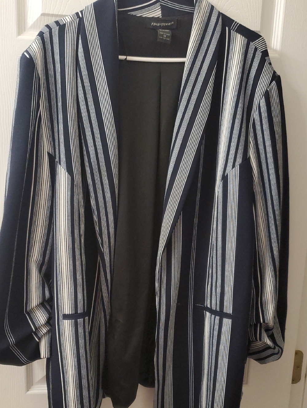 Ashley Stewart Navy and White Striped Open Blazer